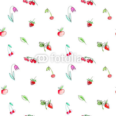 Seamless pattern with garden fruits and berries.Cherry, raspberry, currant, strawberry, apple and flower. Watercolor hand drawn illustration.White background.