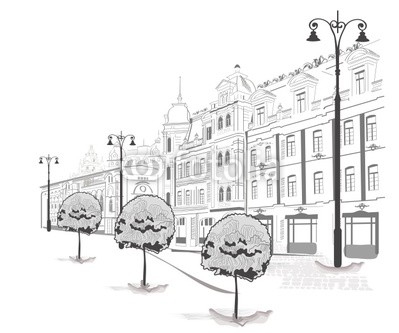 Series of streets in the city in sketches