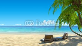 Fototapety Two stylish beach chairs on idyllic tropical white sand beach