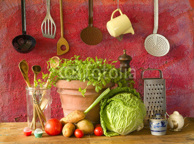 food ingredients and vintage kitchen utensils