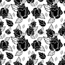 Naklejki Beautiful seamless floral pattern. Black and white pattern with roses. Vector clip art.