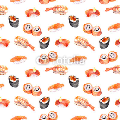 Sushi, susi, roll, gunkan repeated seafood pattern. Watercolor