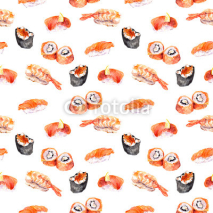 Fototapety Sushi, susi, roll, gunkan repeated seafood pattern. Watercolor