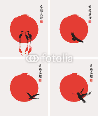 four pictures in the Japanese style with different birds
