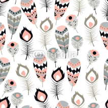 Fototapety Seamless pattern with boho vintage tribal ethnic colorful vibrant feathers, vector illustration