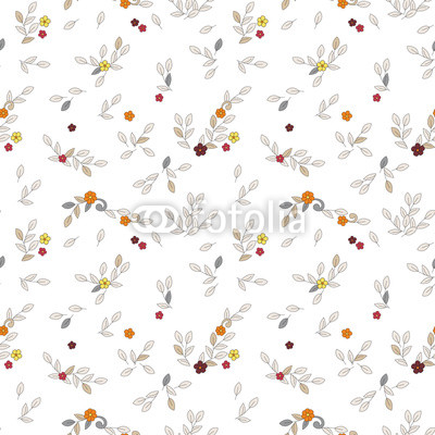 Floral seamless vector trendy pattern. Simple small red, yellow, orange flowers, grey and light beige curls and leaves with dark contour on white background.
