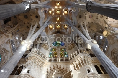 Architecture detail of ceiling and pillars in La Sagrada Familia
