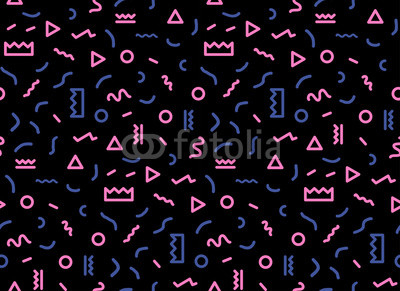 Geometric Vector pattern on a black background. Form a triangle, a line, a circle. Hipster fashion Memphis style.