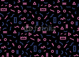 Obrazy i plakaty Geometric Vector pattern on a black background. Form a triangle, a line, a circle. Hipster fashion Memphis style.