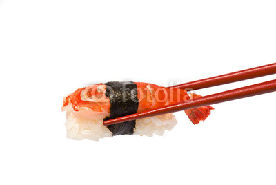 Sushi with Shrimp is held by Chopsticks isolated on white