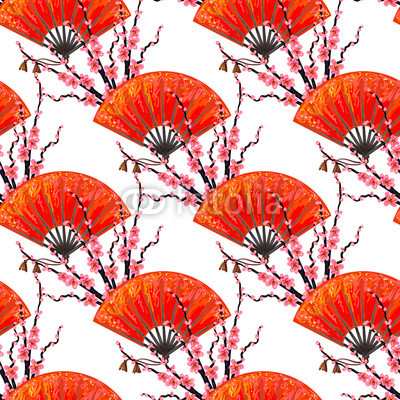 Seamless Japan pattern with Japanese hand fan and sakura cherry blossom vector background. Perfect for wallpapers, pattern fills, web page backgrounds, surface textures, textile