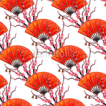 Obrazy i plakaty Seamless Japan pattern with Japanese hand fan and sakura cherry blossom vector background. Perfect for wallpapers, pattern fills, web page backgrounds, surface textures, textile