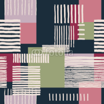 Obrazy i plakaty Striped geometric seamless pattern. Hand drawn uneven stripes on colorful rectangles, free layout. Pink and green tones on navy blue background. Textile design.