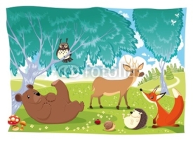 Fototapety Animals in the wood. Funny cartoon and vector illustration