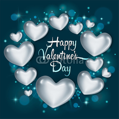 Elegant greeting card with glossy silver hearts. Happy Valentine's Day celebration. Vector illustration