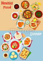 Lunch menu icon set with main dishes and dessert