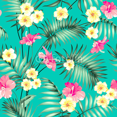 Tropical design for fabric swatch. Topical palm leaves and beautiful plumeria flowers on seamless patten over green background. Vector illustration.