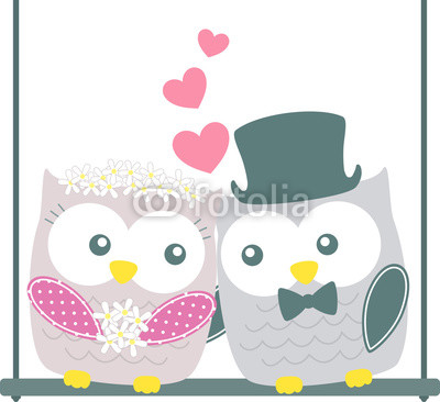 cute owls couple on swing isolated on white background