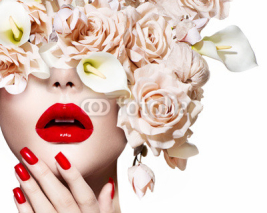 Naklejki Fashion sexy woman. Vogue style model girl face with roses