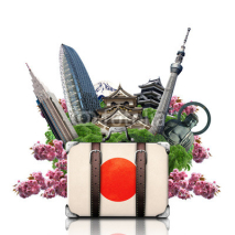 Fototapety Japan, japan landmarks, travel and retro suitcase