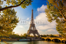 Naklejki Eiffel Tower with boat on Seine in Paris, France