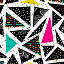 Naklejki Abstract seamless chaotic pattern with urban geometric triangle elements. Grunge neon texture background. Wallpaper for boys and girls