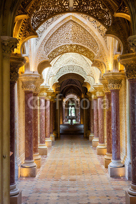 Fairytale corridor of Monserrate Palace in Sintra town, Portugal