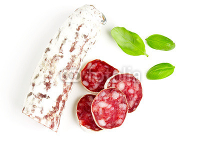 sliced salami isolated on white backrgound