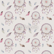 Fototapety Dreamcatcher and feather pattern. Watercolor bohemian decoration