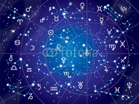 Fototapety XII Constellations of Zodiac and Its Planets the Sovereigns. Astrological Celestial Chart. (Ultraviolet Blueprint version).