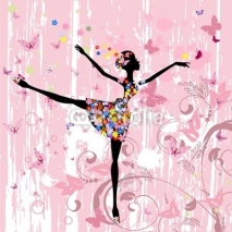 Fototapety ballerina girl with flowers with butterflies grunge