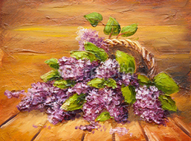 Oil painting on canvas, still life flowers on the floor, lilac