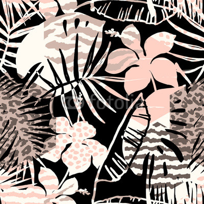 Trendy seamless exotic pattern with palm, animal prints and hand drawn textures.