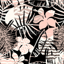Fototapety Trendy seamless exotic pattern with palm, animal prints and hand drawn textures.