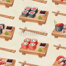 Naklejki Delicious sushi. Watercolor seamless pattern