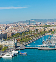 Fototapety Aerial view of the Harbor district in Barcelona, Spain