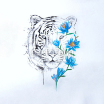 Sketch of a tiger's head in flowers on a white background.