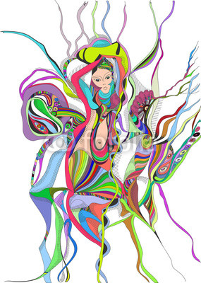 Surreal hand drawing girl dancing belly dance. Abstract graphic