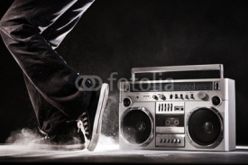 Fototapety Retro ghetto boom box, dust and dancer isolated on black with cl