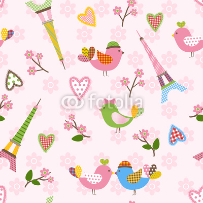 French styled pattern with birds, hearts and Eiffel. Pink.