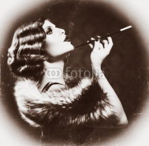Naklejki Smoking Retro Woman. Vintage Styled Black and White Photo