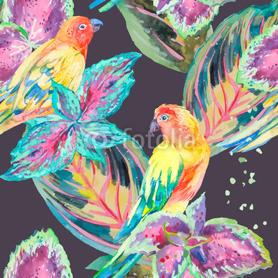 Watercolor Parrots .Tropical flower and leaves. 