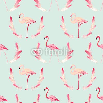 Flamingo Bird Background. Retro Seamless Pattern. Vector Feather