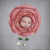 Conceptual illustration of  girl with her head in the blooming rose