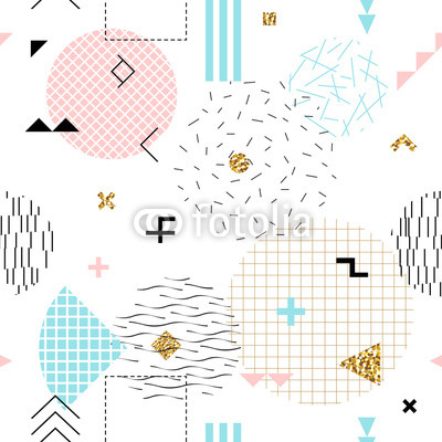 Geometric seamless pattern memphis style with golden glitter texture.