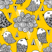 Naklejki Creative seamless pattern with doodle bird and design elements.