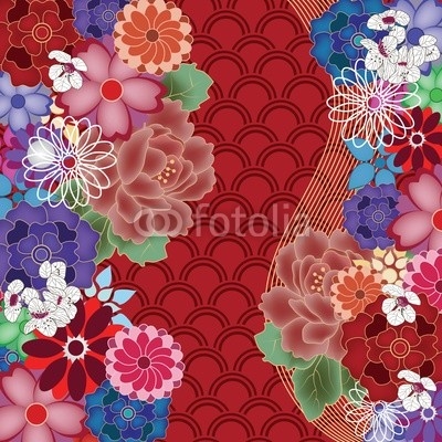 colorful oriental background with big peony flowers