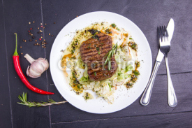 Fototapety Grilled veal steak with vegetables on a plate