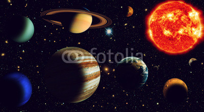 The sun and nine planets of our system orbiting