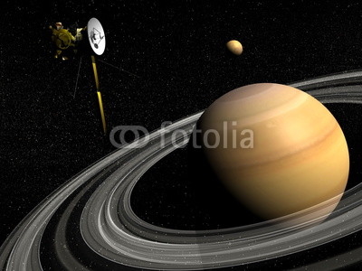 Cassini spacecraft near Saturn and titan satellite - 3D render